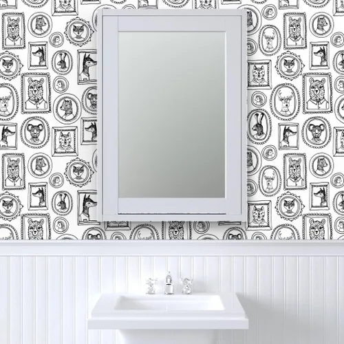 Miniatura 9 de Spoonflower Papel tapiz para despegar y pegar, marco de retrato de animales caprichoso, bosque, negro, blanco, cuarto de niños, papel tapiz
