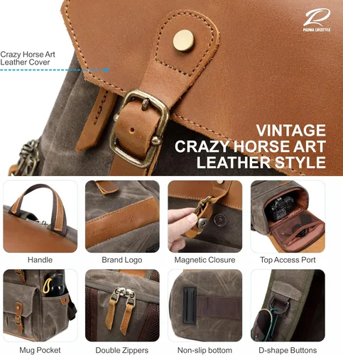 Miniatura 8 de Mochila para cámara Padwa Lifestyle - Bolsa de cámara de lona de memoria encerada resistente al clima para fotógrafos, Café