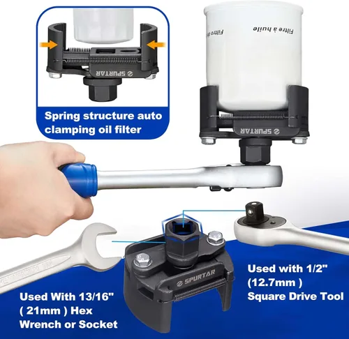 Miniatura 7 de Spurtar Llave Ajustable para Filtro de Aceite 2-3/8 a 3-1/8 Pulgadas 60-80mm Herramienta Universal de Extracción de Filtro de Aceite de 1/2 Pulgada