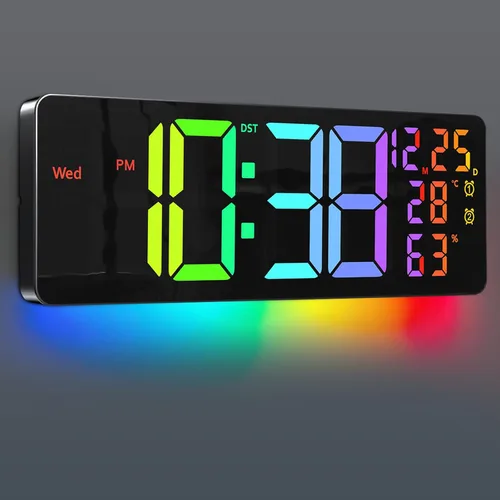 Miniatura 10 de Reloj de pared digital grande de 14", cuenta regresiva, alarma, LED grande, 11 colores RGB, temperatura para sala de estar, aula, escritorio, regalo