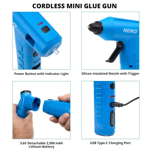 Miniatura 3 de NEIKO Pistola de pegamento inalámbrica 10582A, pistola de pegamento caliente recargable de 20 W, 20 barras de pegamento incluidas, boquilla