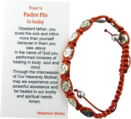 Miniatura 3 de San Padre Pío Medalla Devocional Ajustable Pulsera con Tarjeta de Oración Sagrada Regalo Set