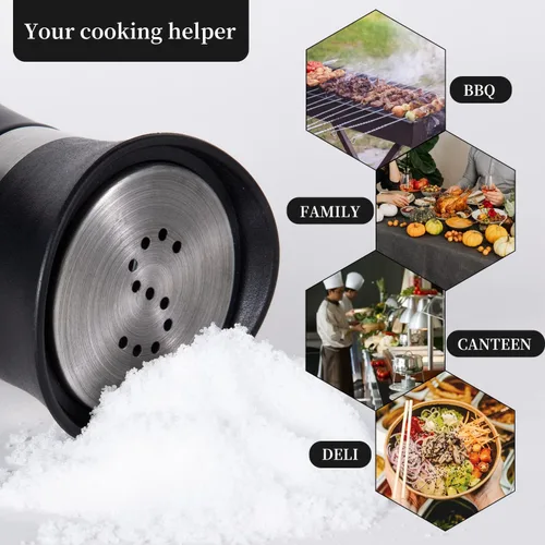 Miniatura 4 de Juego de 2 saleros y pimenteros, recargable con tapa de acero inoxidable, recipiente para especias, para cocina, restaurante, picnic (negro)