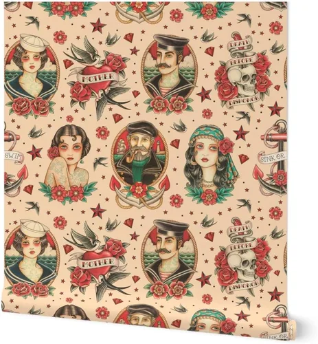 Spoonflower Papel tapiz para despegar y pegar, diseño vintage de la vieja escuela, color beige, grande, calaveras clásicas, ancla marinero, fortuna,
