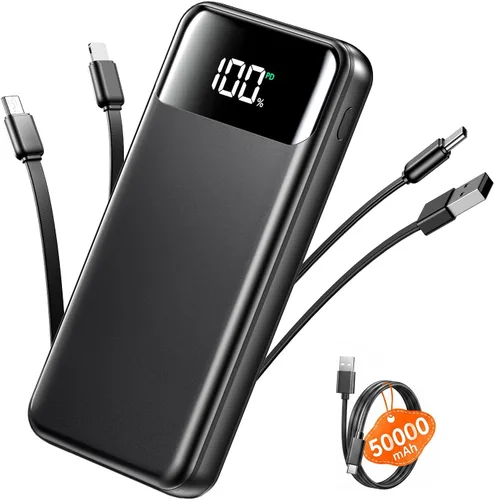 Cargador portátil, banco de energía de 50000 mAh con cables incorporados, paquete de batería de carga rápida de 22.5W, cargador de teléfono portátil