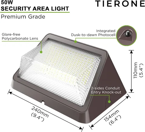 Miniatura 2 de TIERONE Paquete de pared LED de 50 W, fotocélula del atardecer al amanecer, accesorio de iluminación para áreas de seguridad comercial al aire