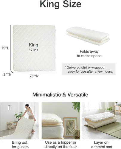 Miniatura 2 de FULI Futón japonés, tamaño king, blanco - Cama de futón Shikibuton plegable para el suelo - Almohadón de algodón acolchado de firmeza media, cama