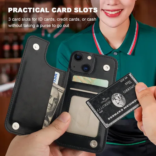 Miniatura 3 de ONETOP Funda tipo cartera para iPhone 13 con soporte para tarjetas, anillo de rotación de 360°, bloqueo RFID, doble cierre magnético, a prueba