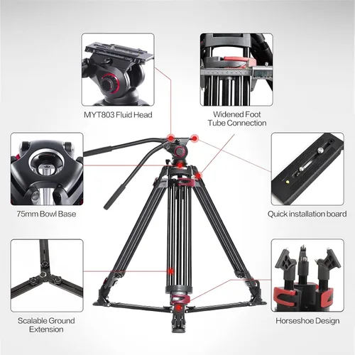 Miniatura 3 de miliboo Trípode de alta resistencia para video profesional, trípode de cabeza fluida con amortiguación ajustable, trípode de fotografía para equipos