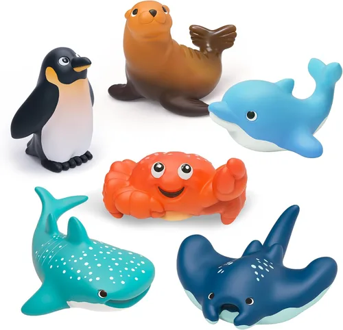 6 juguetes de baño oceánico para niños pequeños de 6 meses, sin hoyos, juguetes de bañera sin moho, ballena, tiburón, delfín, pingüino, juego de