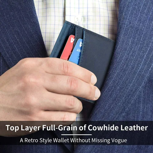 Miniatura 2 de HYRISON Cartera de cuero genuino Slim doble bolsillo frontal para hombres con clip de dinero bloqueo RFID