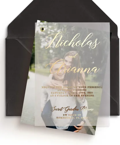 Invitaciones de boda elegantes de Vellum con lámina dorada e imagen, invitación personalizada en oro, plata, oro rosa, invitaciones con foto