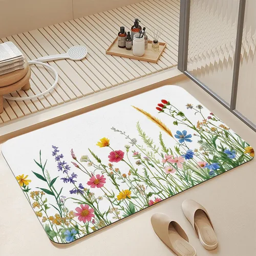 Miniatura 10 de Alfombras de baño de diatomáceas, bonita decoración de baño de gatos, alfombra de baño antideslizante con flores rosadas, de secado rápido, fácil