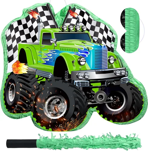 Faccito Piñata de camión de carreras de monstruo con venda y palo, piñata de carreras pequeña verde para decoración de fiestas de niños, 14.1 x 12.6