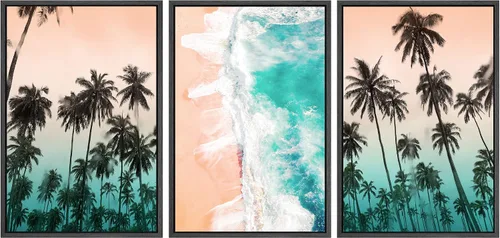 Miniatura 79 de SIGNWIN Lienzo enmarcado para pared, vista aérea de palmeras tropicales en un cielo azul, fotografía del océano costero, arte moderno, panorámico