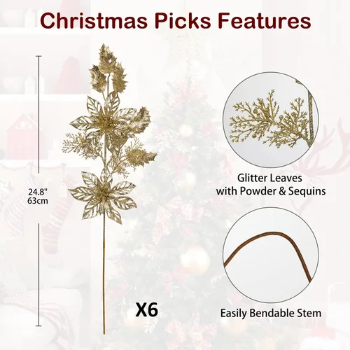 Miniatura 2 de 6 piezas de selecciones para árbol de Navidad de 25 pulgadas con purpurina, flores de Pascua con purpurina en aerosoles con flores, hojas de acebo