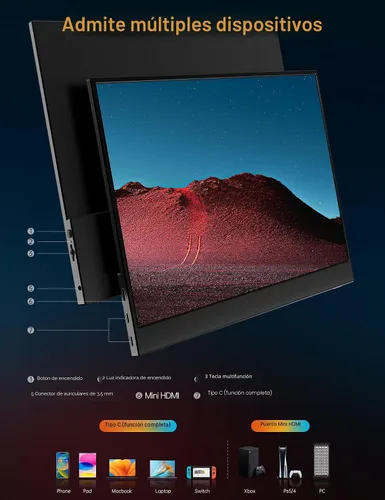 Miniatura 7 de VILVA - Monitor portátil de 14 pulgadas FHD 1920 * 1200P USB C HDMI ultra delgado IPS con cubierta inteligente y altavoces, HDR plug & play, monitor
