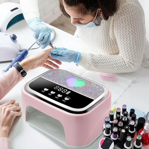 Miniatura 8 de LIMEGIRL Kit de Lámpara de Uñas LED UV para Esmalte en Gel Profesional Conjunto de Luz Secadora de Curado Rápido Rosa con 4 Temporizadores y Guantes