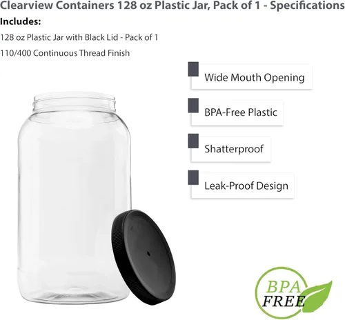 Miniatura 4 de Tarro de plástico de galón de 128 onzas con tapa de sellado a prueba de fugas negra 110/400 - Grado alimentario y libre de BPA (128oz, 1pk, BLK)