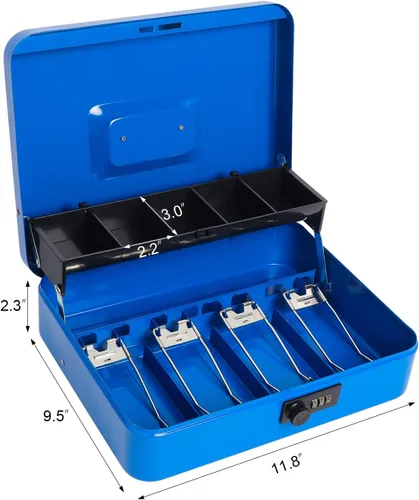 Miniatura 5 de Caja de efectivo grande con bandeja de dinero y cerradura, caja de dinero de metal para efectivo, caja de seguridad de 11.8 x 9.5 x 3.54 pulgadas