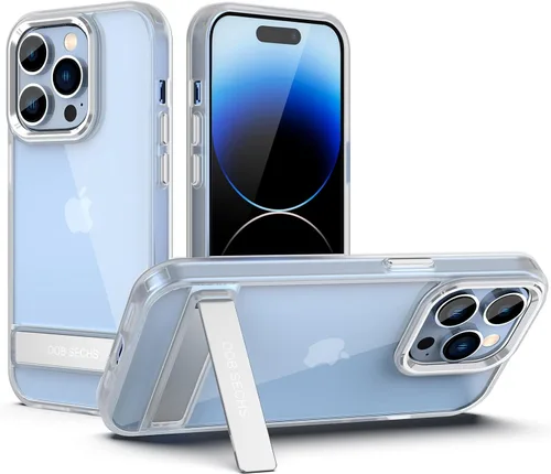 DOB SECHS Funda transparente de metal con función atril diseñada para iPhone 13 Pro, con botón de aleación de aluminio, soporte de 3 vías,