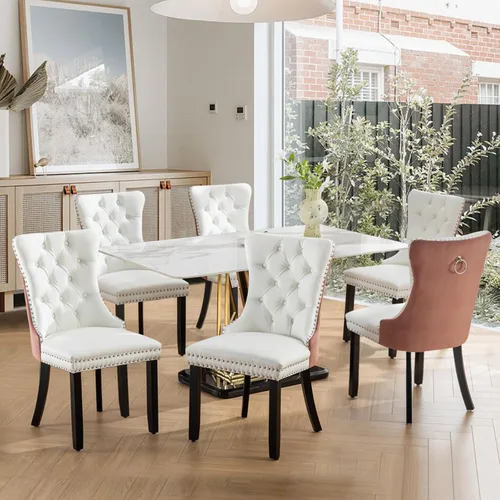 Miniatura 163 de SoarFlash Juego de 2 sillas de comedor de tela de lino, sillas de comedor tapizadas con ribete de cabeza de clavo y patas de madera de color claro