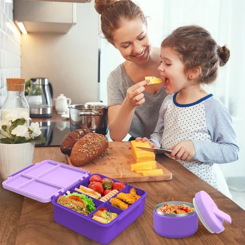 Miniatura 6 de Pawtong Lonchera Bento con termo de sopa de 8 onzas, recipientes de comida a prueba de fugas para niños con 4 compartimentos, recipiente de comida