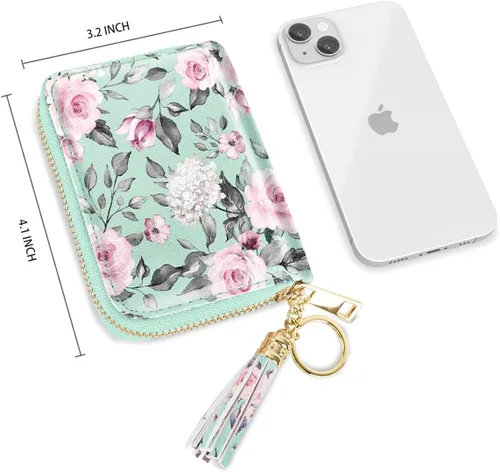 Miniatura 3 de Coco Rossi Billetera pequeña para tarjetas de crédito RFID con purpurina linda para mujer, C Flores verdes