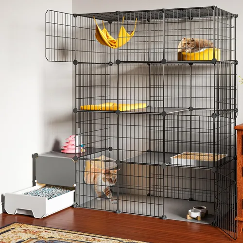 Miniatura 5 de Oneluck Jaula para gatos con caja de arena, recintos de bricolaje de 4 niveles, corralito de juego grande, jaula de alambre de metal desmontable