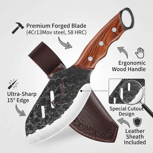 Miniatura 3 de KOFERY Cuchillo de carnicero serbio forjado a mano con espiga completa martillado de acero 4Cr13MoV para cocina, campamento y barbacoa Cuchillo