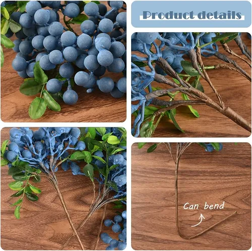 Miniatura 2 de Bayas artificiales, 4 piezas de arándanos artificiales con tallos de Navidad, frutas realistas, arándanos falsos, flores de simulación para el día