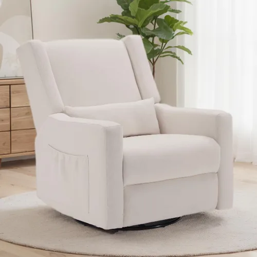 Miniatura 13 de Tbfit Silla reclinable giratoria de 360°, mecedora de guardería con soporte lumbar para dormitorio, cómodo sillón tapizado con almohadas y Beige