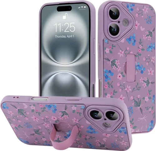 Miniatura 64 de Funda diseñada para iPhone 17 Pro Max con soporte plegable y correa para dedos, bonito patrón de lazo de corazón de flor rosa para mujeres y niñas