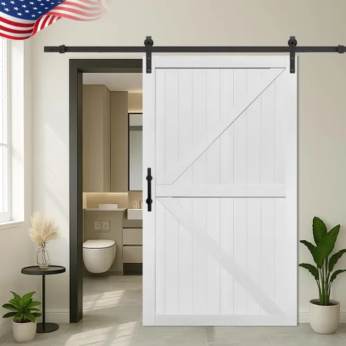 Miniatura 7 de S&Z TOPHAND® Puerta de granero doble de MDF de 18 x 84 pulgadas con kit de herrajes para puerta corredera de 6 pies, tablero sólido de puerta