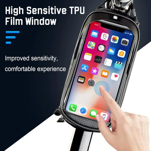 Miniatura 6 de Bolsa para marco de bicicleta con soporte para teléfono celular, bolsa de tubo frontal impermeable para bicicleta con funda de teléfono compatible