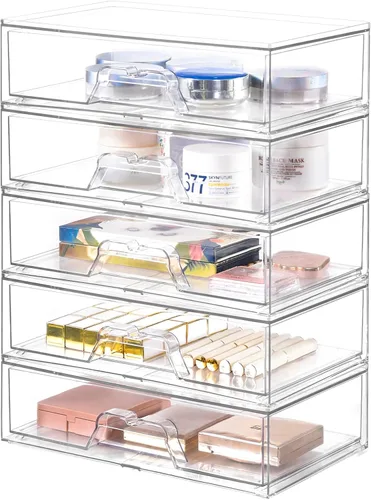 Miniatura 11 de Stebopum Paquete de 4 Cajones de Almacenamiento Apilables Organizador de Acrílico Transparente Organizador de Maquillaje de Baño y Almacenamiento