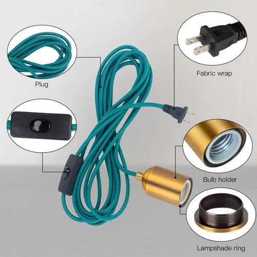 Miniatura 3 de Lámpara colgante con cable de enchufe, lámpara colgante con enchufe, enchufe de tela verde azulado, cubierta con interruptor, cables de iluminación