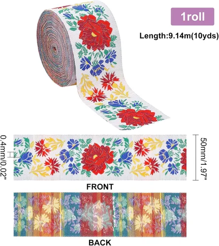 Miniatura 4 de PH PandaHall Cinta de jacquard de 2 pulgadas, 10 yardas, con ribete floral y flecos bordados, cinta mexicana bordada para ropa bohemia, cuello