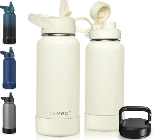 Miniatura 43 de CIVAGO Botella de agua aislada de 22 onzas con pajita, frasco de agua deportiva de acero inoxidable con 3 tapas