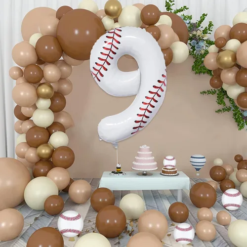 Miniatura 4 de Decoraciones de cumpleaños de béisbol, globo de béisbol número 9 de 40 pulgadas, globos temáticos deportivos para decoración de fiesta de cumpleaños