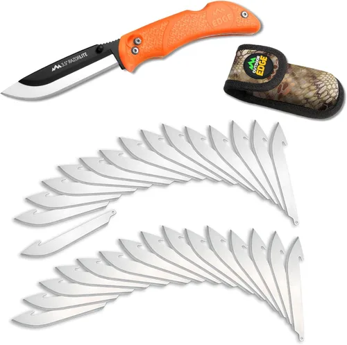 Cuchillos Outdoor Edge RazorPro L de caza con cuchilla reemplazable de afeitar ultraafilada, mango naranja antideslizante TRP, funda para cinturón y