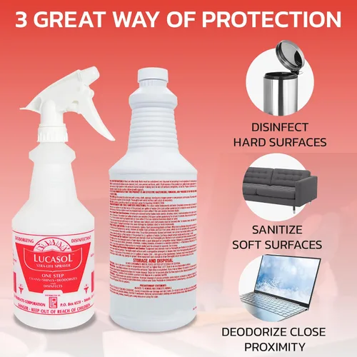 Miniatura 6 de Lucasol Desinfectante One Step, desinfectante de 32 onzas líquidas y botella de spray recargable vacía de 24 onzas. Spray desinfectante limpiador