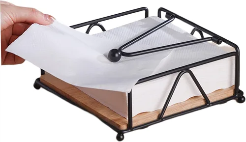 Miniatura 8 de Metal Napkin Holder with Weighted Tension Arm & Wooden Base, Rustic Dispenser for Table & Kitchen, Black