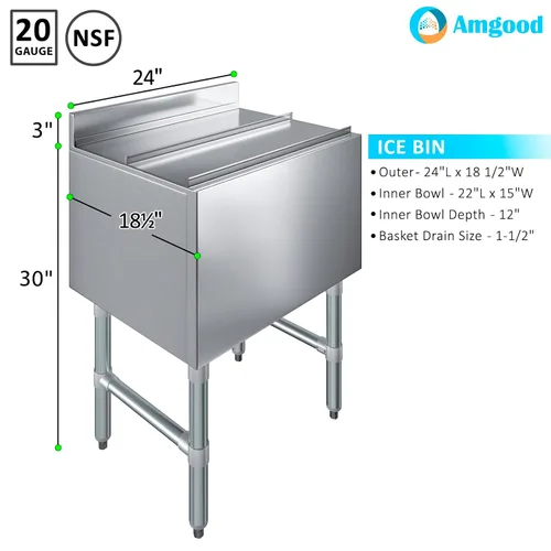 Miniatura 2 de AmGood 18.5 in. x 24 in. Cubo de hielo debajo de la barra con tapa deslizante NSF Baúl de hielo de acero inoxidable con tapa deslizante