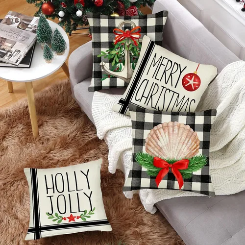 Miniatura 6 de Fahrendom Juego de 4 fundas de almohada decorativas náuticas de Feliz Navidad, 18 x 18 pulgadas, funda de almohada con ancla de Navidad costera
