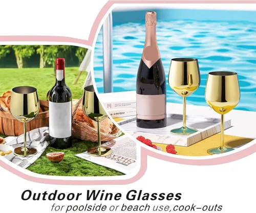 Miniatura 3 de WOTOR Juego de 4 Copas de Vino Doradas, Cáliz Dorado Irrompible de 18oz, Copa de Vino de Acero Inoxidable, Copa de Vino de Metal para Exteriores