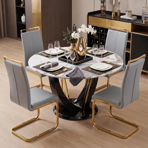 Miniatura 38 de Juego de mesa de comedor redonda de 48'' para 4, juego de mesa y sillas de cocina de mármol, conjunto de 4, mesa redonda con pata de MDF negro