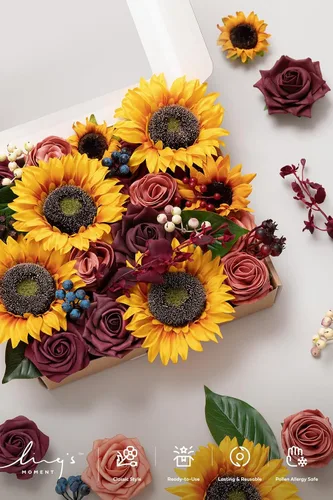 Miniatura 4 de Ling's moment Caja de Flores Falsas, Tallos de Follaje Artificial Falso, Rosas de Espuma, Bayas de Seda, Girasol, Flor de Tela para Centros de Mesa