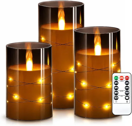 Miniatura 8 de Kiexung - Vela sin llama roja con luz de cuerda de hadas, llama de gota de agua, simulación avanzada de llama LED con velas remotas y temporizadas