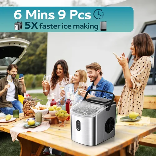 Miniatura 3 de EUHOMY Máquina de hielo portátil con asa de transporte, 26.5 libras por día, 9 cubos en 6 minutos, limpieza automática, con cesta y cuchara